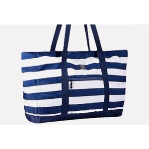 Bang & Carsen XL Beach Bag Blue White Stripes Pockets W/Matching Beach Towe